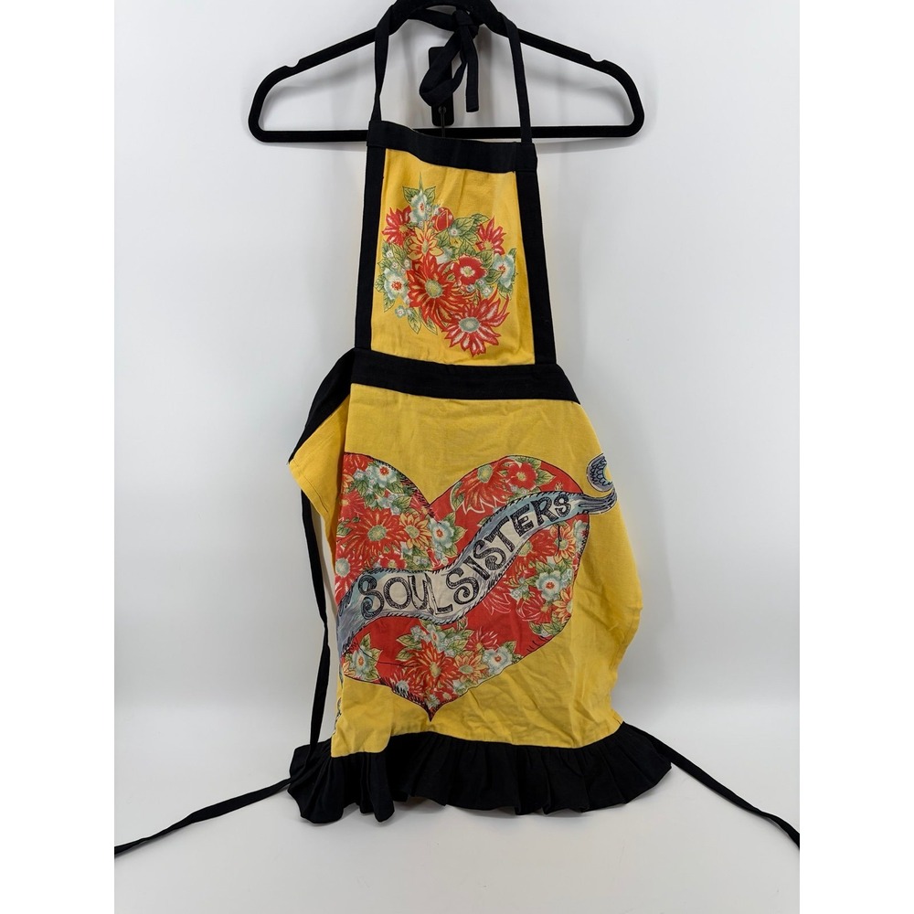 Soul Sisters Apron, Floral Heart Tattoo Graphic, Black Ruffle Hem, Size 23"X32"